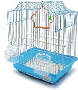 Vogelkäfig für Transport: Blaue Basis, Gitterstruktur, Futterbehälter. Geeignet für den sicheren Transport von Vögeln bei Krankheit.