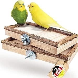 Wellensittiche auf Futter- und Wassernapf. Handgefertigtes Holztablett für Vögel, ideal für Futter.