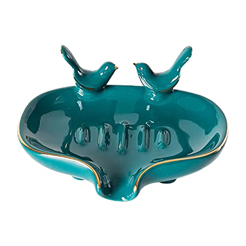 Grüne Keramik-Seifenschale im nordischen Stil mit 2 Vögelchen, Badezimmer-Deko, Geschenkidee.