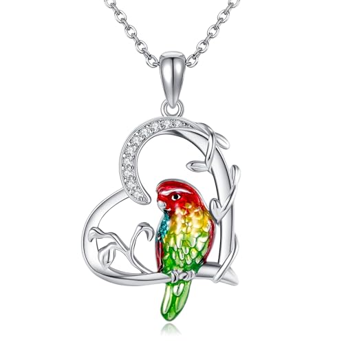 Herz-Anhänger: Rosella Sittich Halskette. 925 Silber, Emaille, Zirkonia. Bunter Papagei auf Herz-förmigem Schmuck-Anhänger.