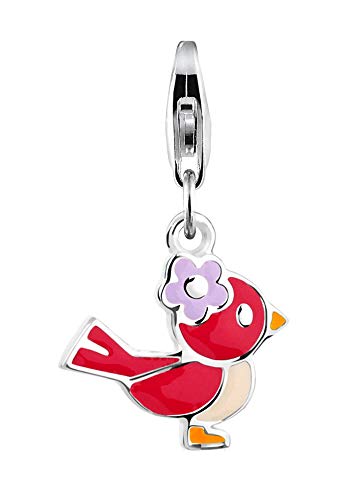 Emaille Karabiner-Anhänger: Roter Vogel Charms aus 925 Silber. Bettelarmband Schmuck-Bead mit Blüte.